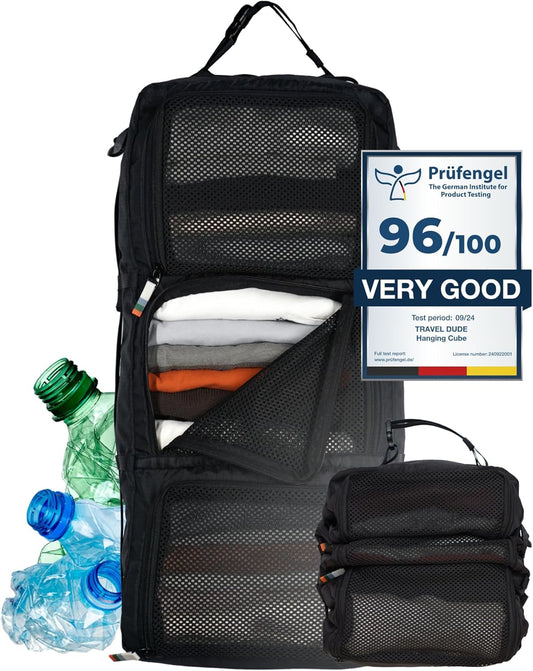 TRAVEL DUDE Compression Hanging Suitcase Organizer with Recycled Plastic Bottles | Hanging Packing Cube for Backpack | Portable Travel Rack for Bags Packaging in Black