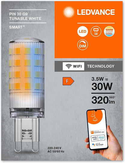 LEDVANCE Smart+ WiFi Special Pin CL 30 LED Lamp with Retrofit Plug Socket G9, 3.5 W, 320 lm, 2700 K to 6500 K, White Light Function, Dimmable, Long Life, Easy Installation, App Controllable