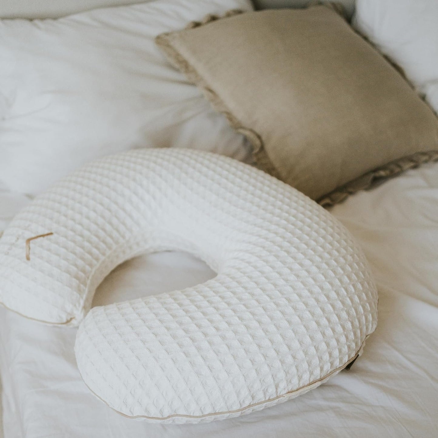 Organic Nursing Pillow with Cover • Premium Quality 100% Cotton Oeko-Tex Standard • Moon Pillow for Breastfeeding and Bottle Feeding • Soft and Breathable • (Ivory waffle)