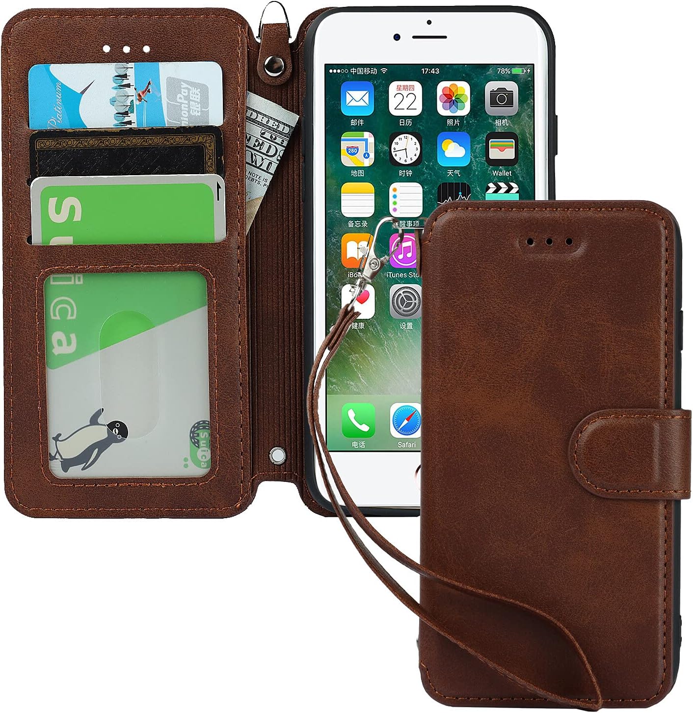 Cavor Case for iPhone 6 Plus, iPhone 6S Plus 5.5'' Luxury Cowhide PU Leather Wallet Case, Flip Folio Case Cover with [Kickstand Function] and [Card Slots Holder] & [Wrist Strap Lanyard] Magnetic Protective Phone Case for iPhone 6Plus/ 6SPlus-Dark Brown