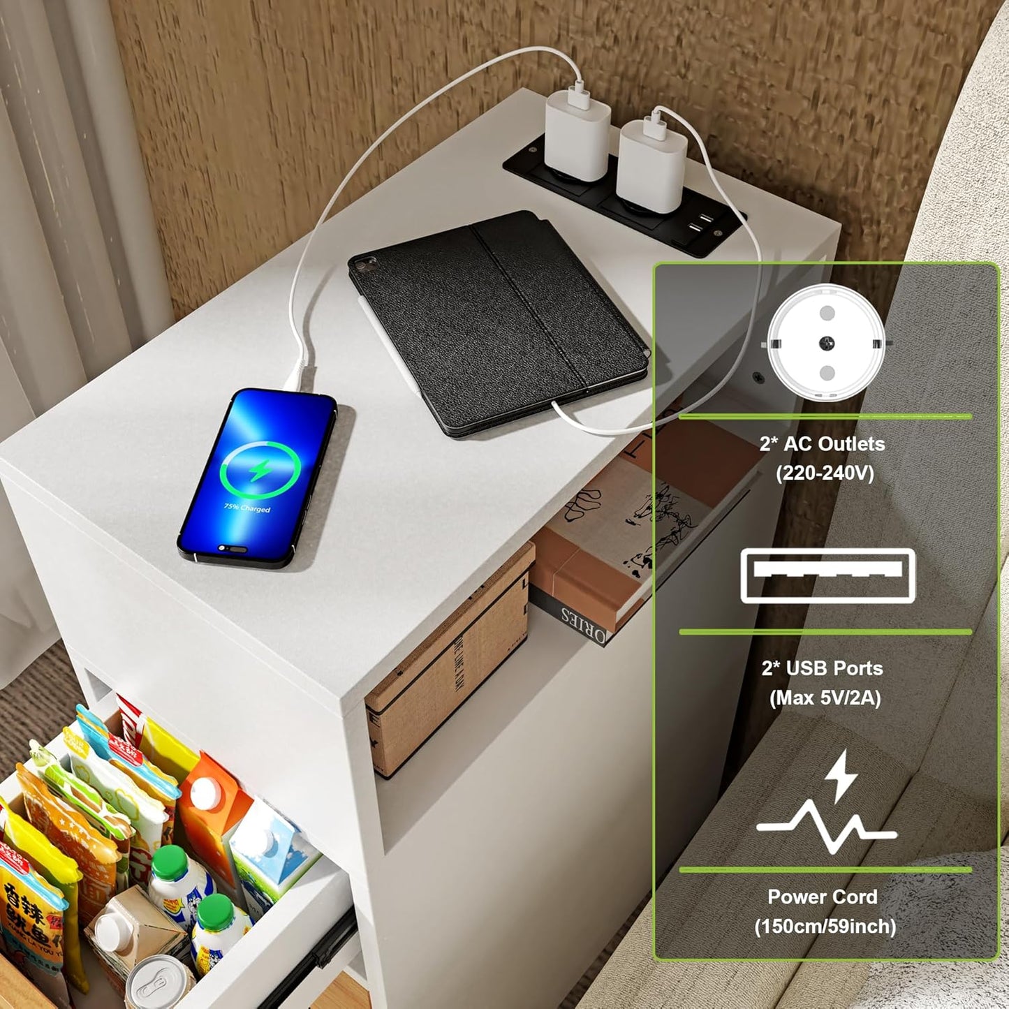 Set of 2 Narrow Bedside Table with USB Sockets and Ports, Bedside Table with Day Compartments and Drawer, Space-Saving Night Table for Bedroom Living Room, 45 x 25 x 70 cm, Narrow Bedside Tables in