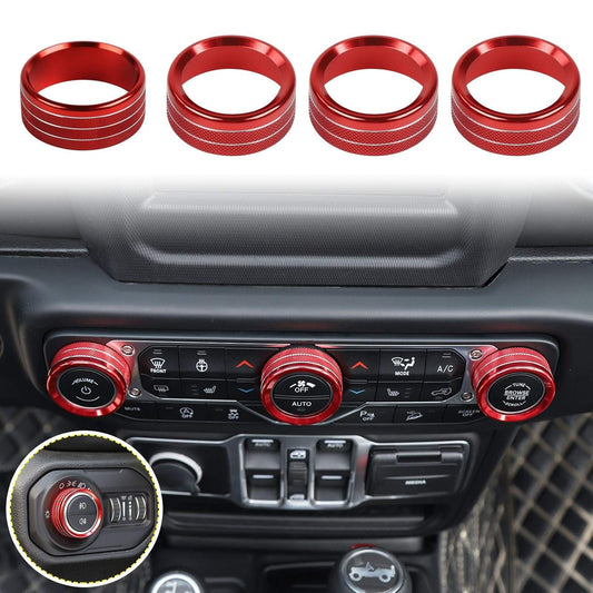 Voodonala Air Conditioner Headlight Center Consoles Switch Knob Cover Trim for 2018-2025+ Jeep Wrangler JL JLU Gladiator JT 4XE Interior Accessories, Red Aluminum Alloy 4pcs
