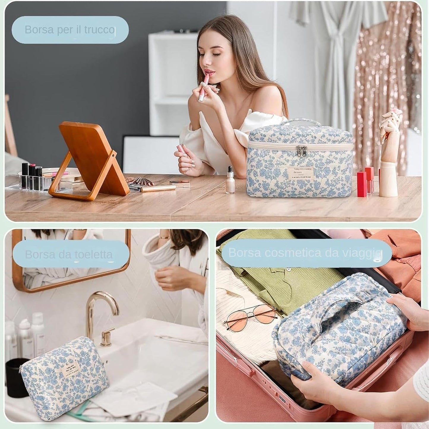 Floral Makeup Bag Set, 3-Piece Quilted Cosmetic Organizer, Blue, Travel Toiletry Pouch, Cotton Carry Bag for Brushes, Shampoo, Facial Cleanser, Accessories, blue, Please refer to description