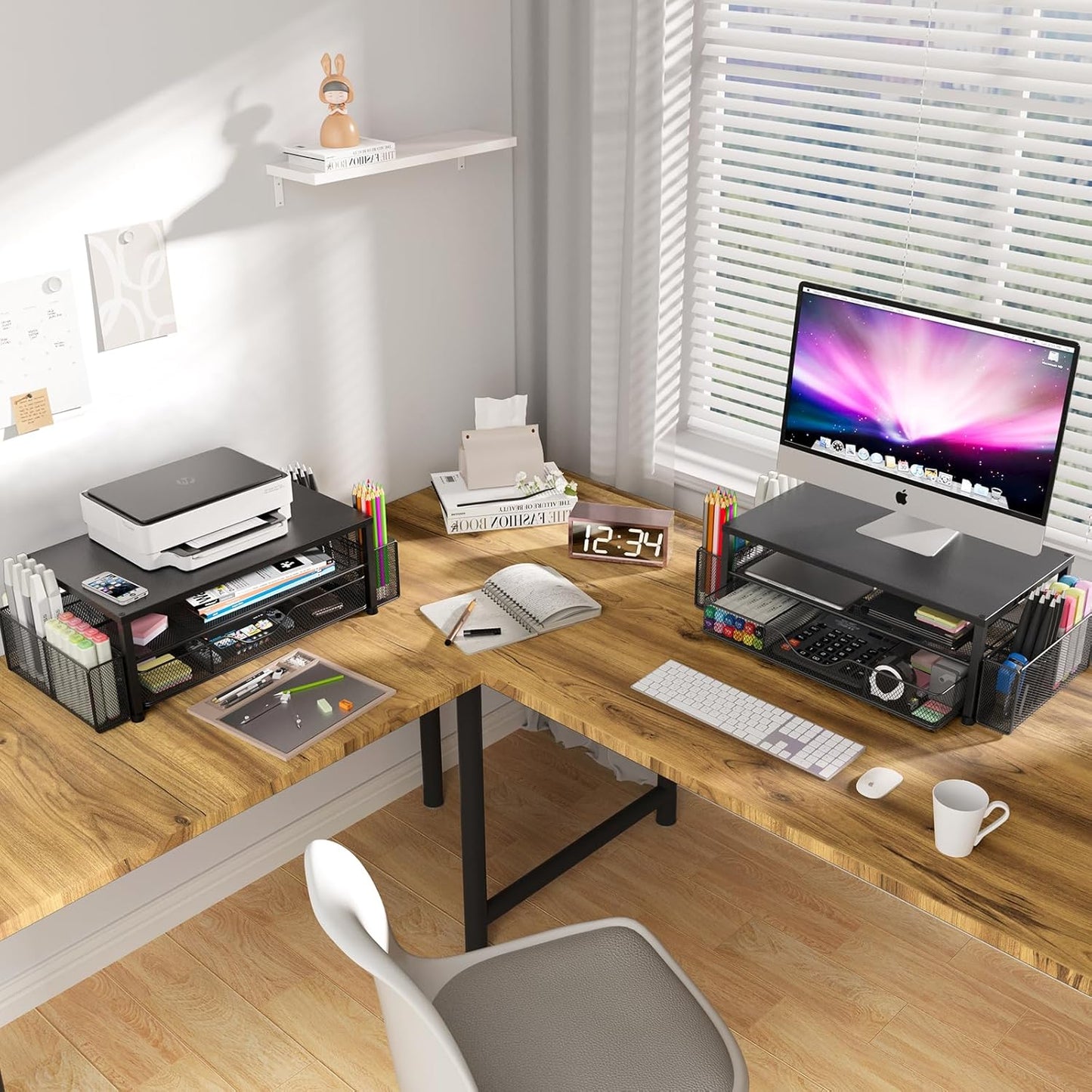 Desk Organizer and Accessories, 2-Tier Computer Monitor Stand with Drawer and 2 Pen Holders, Office Desk Accessories for Office Supplies, Black