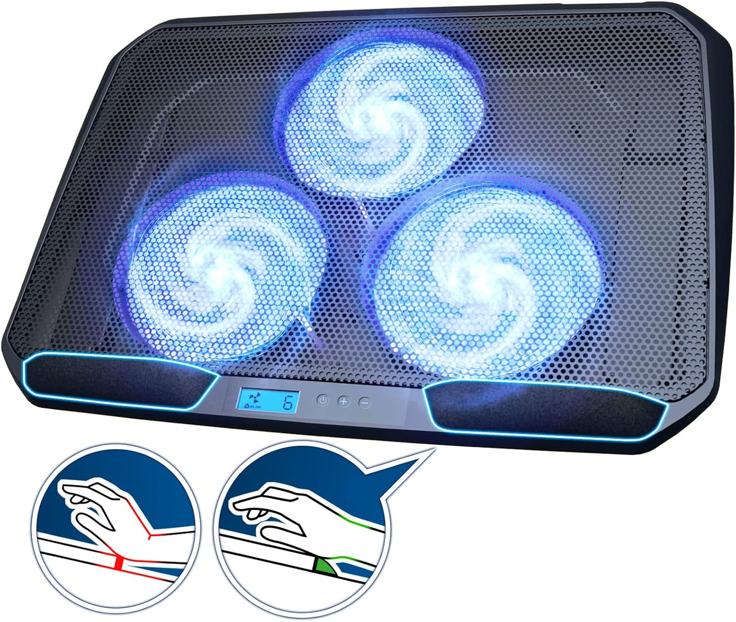 KLIM KN02 Laptop Cooling Pad for 11-17.3 inch laptops - Comfy Cushioned Wristrests - Powerful Laptop Cooling Fan 1500 RPM - Silent Laptop Cooler with Metal Mesh and 5-Year Assurance - New