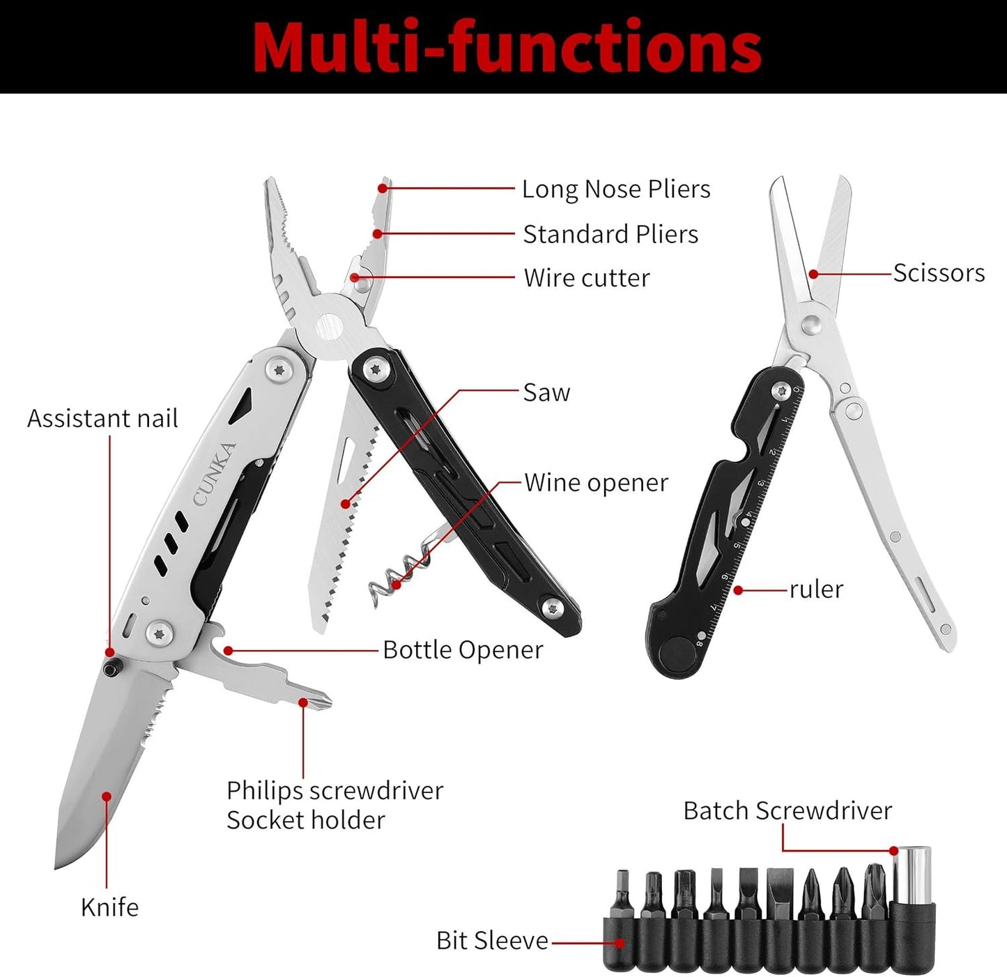 CUNKA Multitool Pliers Pocket Knife, Folding Pliers with Detachable Scissors, Portable Multi-Tool for Survival Camping Hiking Hunting Repairing Emergency, Birthday Gifts for Men