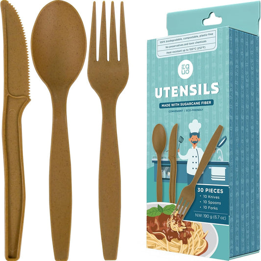 EQUO Sugarcane Disposable Utensil Set (Pack of 30 Forks, Spoons, Knives - 10 Each) - Plastic-Free, Home-compostable, Heat-Safe Utensils for Parties, Events, Camping & More