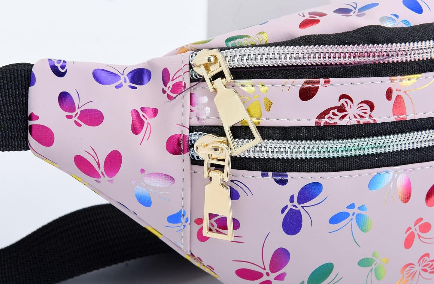 HNKJDS Butterfly Pattern Fanny Pack Shiny Waterproof Waist Packs for Women Men Fashion Holographic Belt Bag with Adjustable Belt for Rave Festival Hiking Travel Outdoor, Pink, One Size, Shiny Waist
