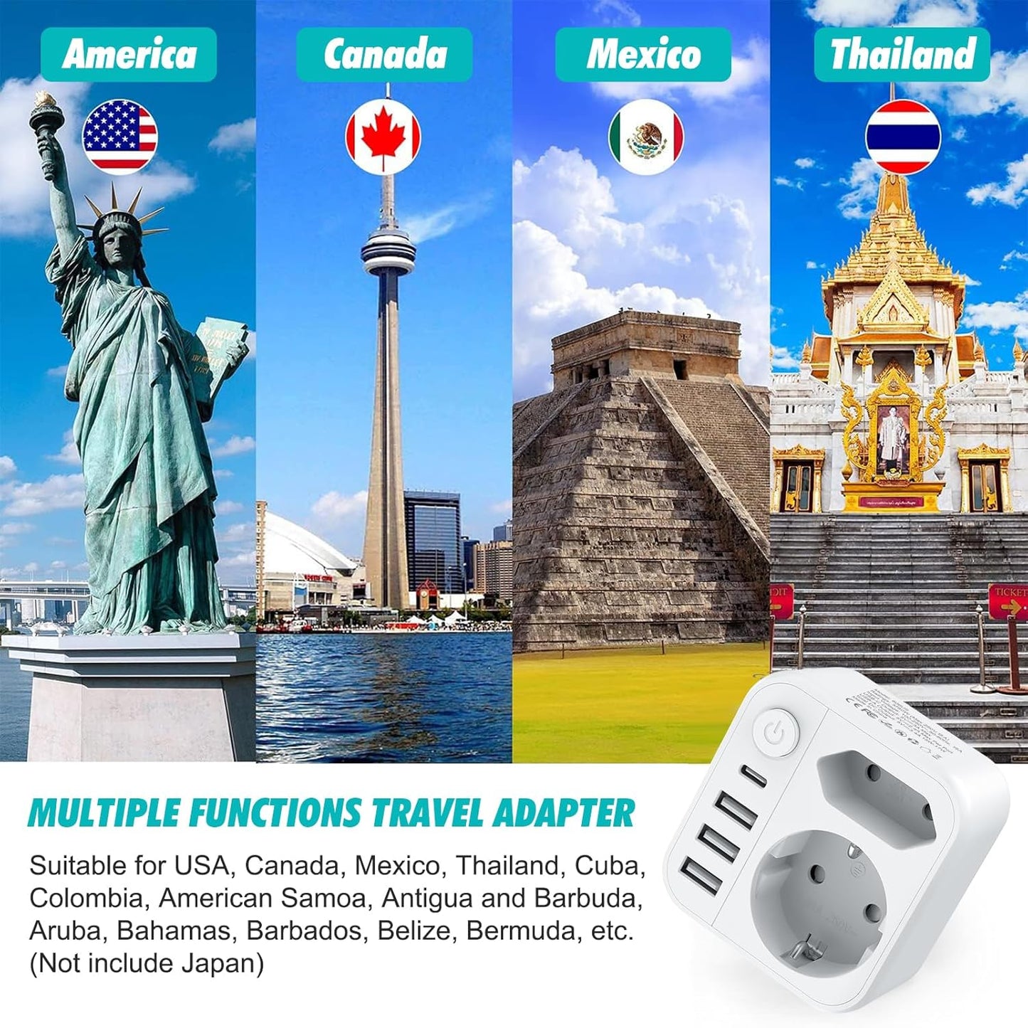 Clomnpe American Plug Adapter, 6 in 1 US Plug Adapter with 3 USB A to 1 USB C, Travel US Plug Adapter with European Plug and Schuko for America, Canada, Mexico, US Type B Plug