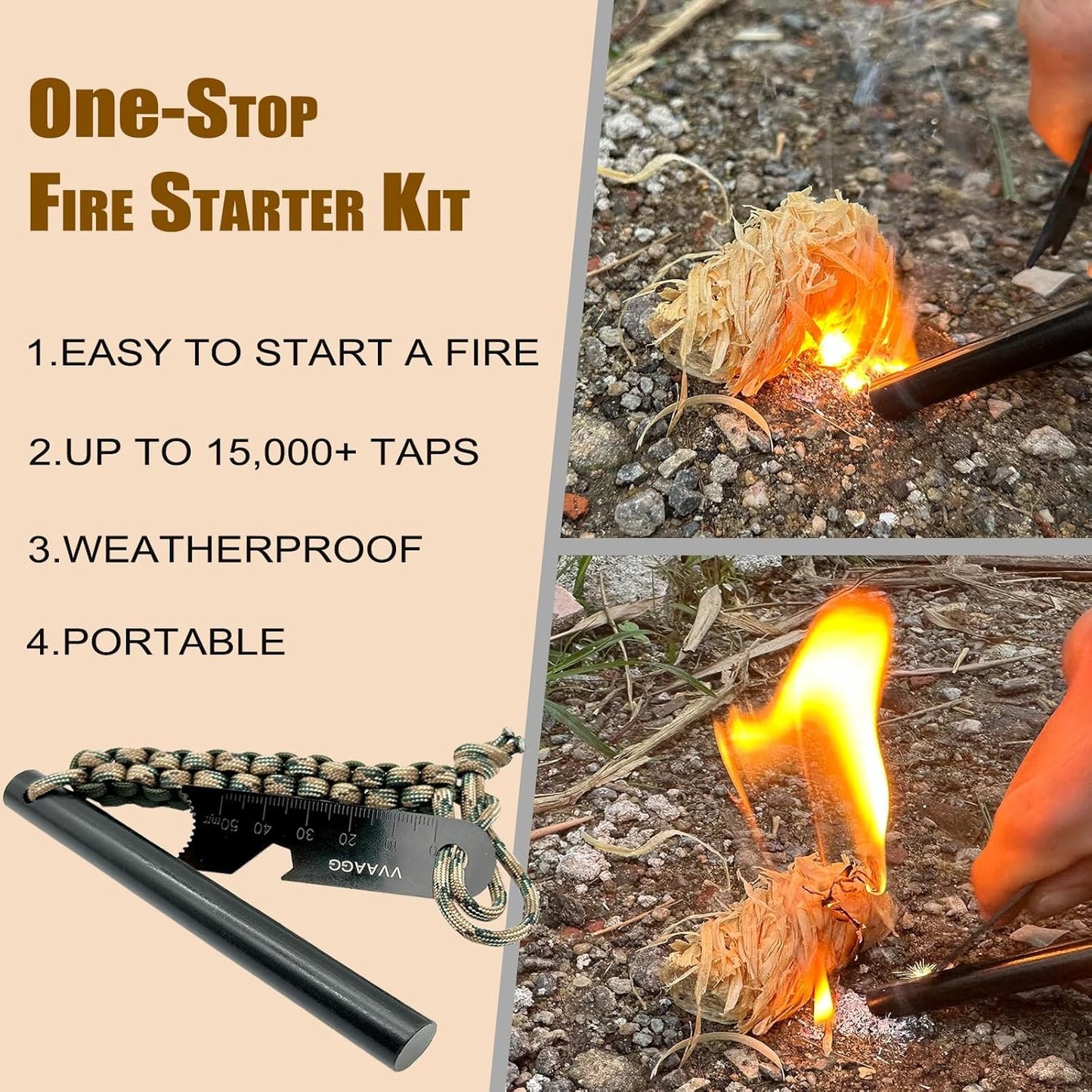 VVAAGG Flint and Steel Fire Starter Kit Survivor, 3/8 inch Ferro Rods and Magnesium Rods with Paracord Handle, Flint Fire Starter Survival Tool