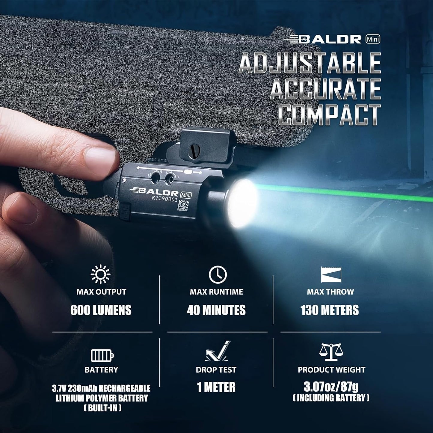 OLIGHT Baldr Mini 600 Lumens Rechargeable Tactical Flashlight with Green Light and White LED Combo, Flashlight with Adjustable Rail and Magnetic USB, Compact Rail Mount Light 132 Meters Beam (Black)
