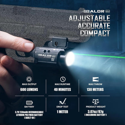 OLIGHT Baldr Mini 600 Lumens Rechargeable Tactical Flashlight with Green Light and White LED Combo, Flashlight with Adjustable Rail and Magnetic USB, Compact Rail Mount Light 132 Meters Beam (Black)