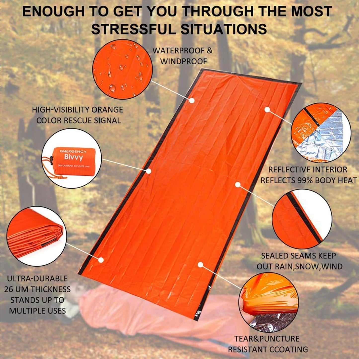 2 Pieces Bivvy Bag,Blanket Emergency Survival Sleeping Bag, Emergency Blanket, Survival Equipment, First Aid Rescue Blankets, Heat Repellent, Cold Protection, Waterproof with Whistle Bivouac