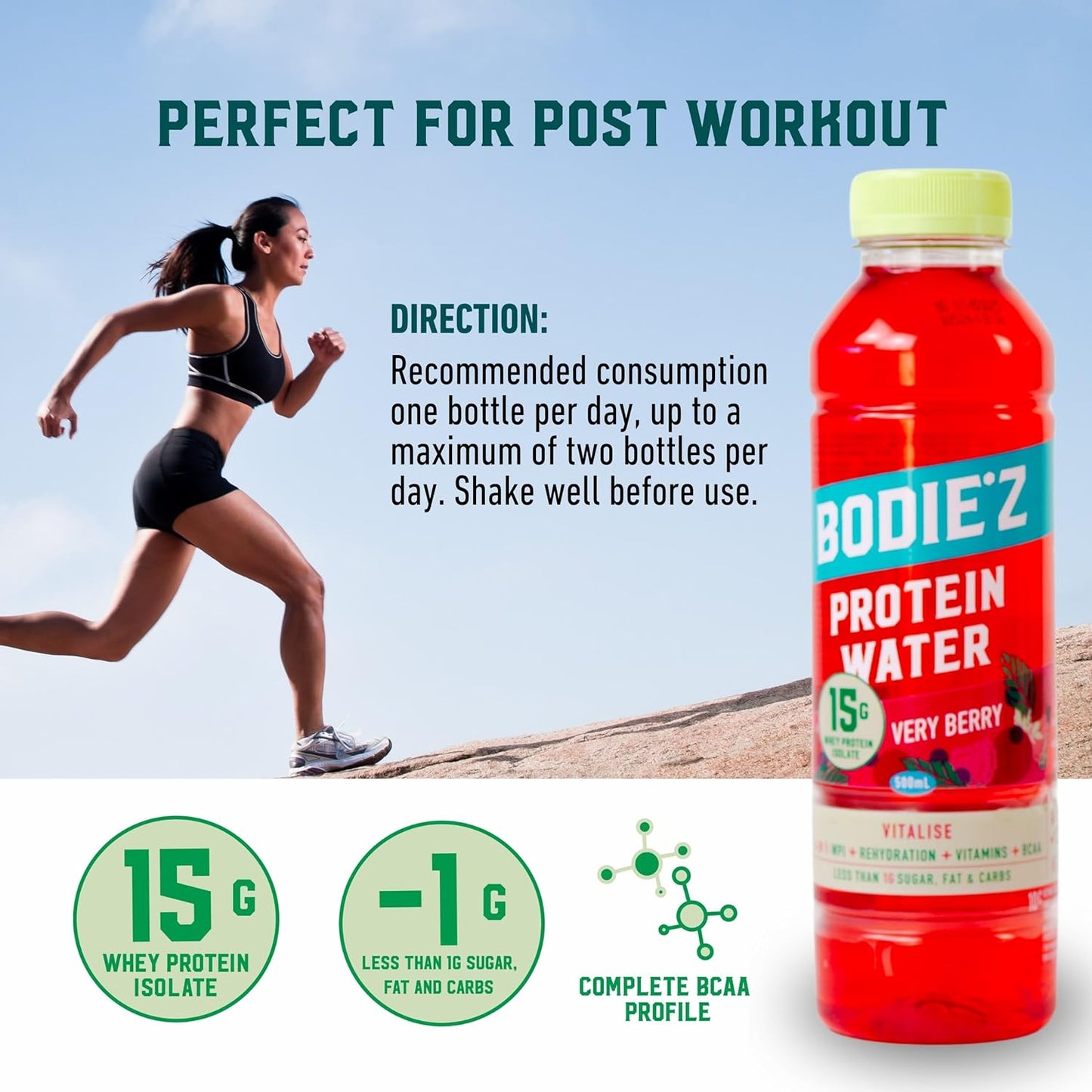 BODIE’Z Vitalise 15g Whey Protein Water - Pre-Mixed Protein Powder Drink, Less than 1g Sugar Fat and Carbs, 11 Vitamins and Minerals, Refreshing Supplement for Post Workout, 500ml Very Berry 6 Pack