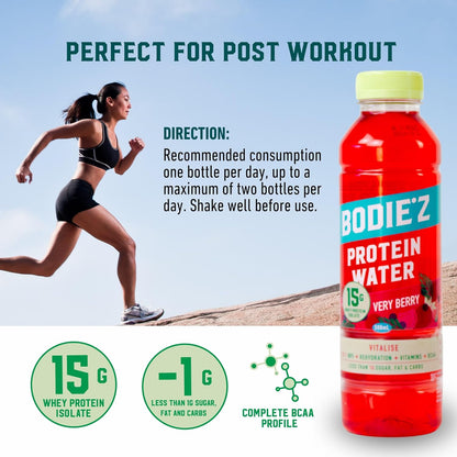 BODIE’Z Vitalise 15g Whey Protein Water - Pre-Mixed Protein Powder Drink, Less than 1g Sugar Fat and Carbs, 11 Vitamins and Minerals, Refreshing Supplement for Post Workout, 500ml Very Berry 6 Pack