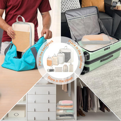 Suitcase Organizer – 8 Pieces Compression Cube Set for Luggage – Lightweight Suitcase Organizer – Travel System with Multiple Compartments, Ideal for Romantic Weekend and Business Travel (Beige)