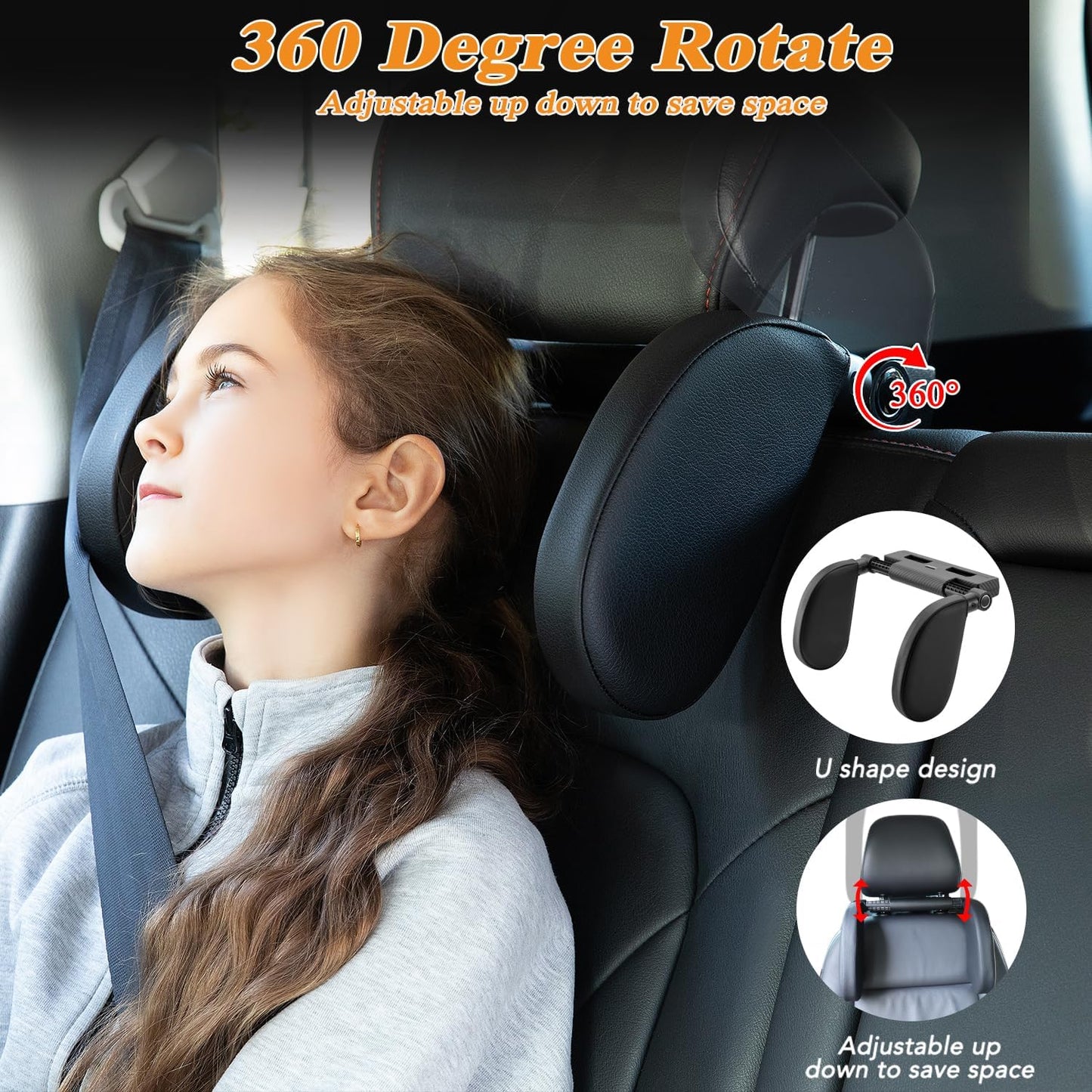 Car Seat Headrest Pillow,Head Neck Support Detachable,Premium seat held Pillow, 180 Degree Adjustable Both Sides Travel Sleeping Cushion for Kids Adults (Black)