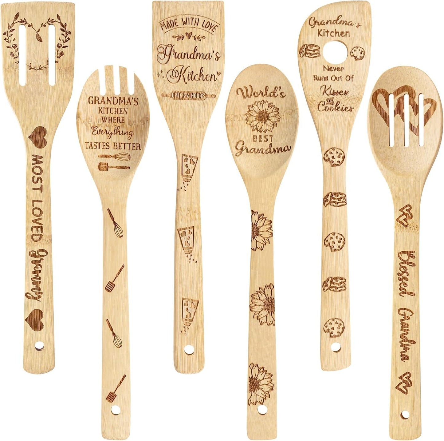 Grandma Bamboo Spoons Bulk - 6Pcs Mother's Day Best Grandma Kitchen Cooking Utensils Set Natural Carve Burned Bamboo Cooking Engraved Spoon Slotted Spatulas Tools Mom's Birthday Idea Gifts