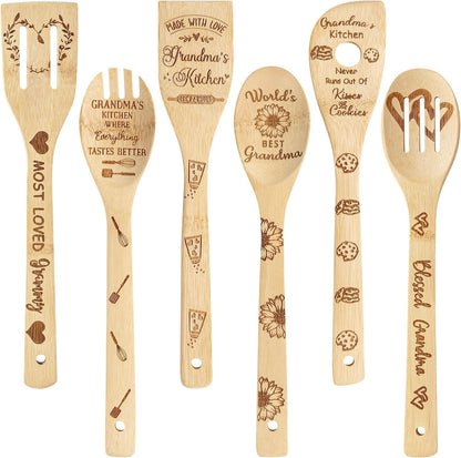 Grandma Bamboo Spoons Bulk - 6Pcs Mother's Day Best Grandma Kitchen Cooking Utensils Set Natural Carve Burned Bamboo Cooking Engraved Spoon Slotted Spatulas Tools Mom's Birthday Idea Gifts