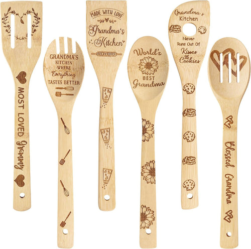 Grandma Bamboo Spoons Bulk - 6Pcs Mother's Day Best Grandma Kitchen Cooking Utensils Set Natural Carve Burned Bamboo Cooking Engraved Spoon Slotted Spatulas Tools Mom's Birthday Idea Gifts