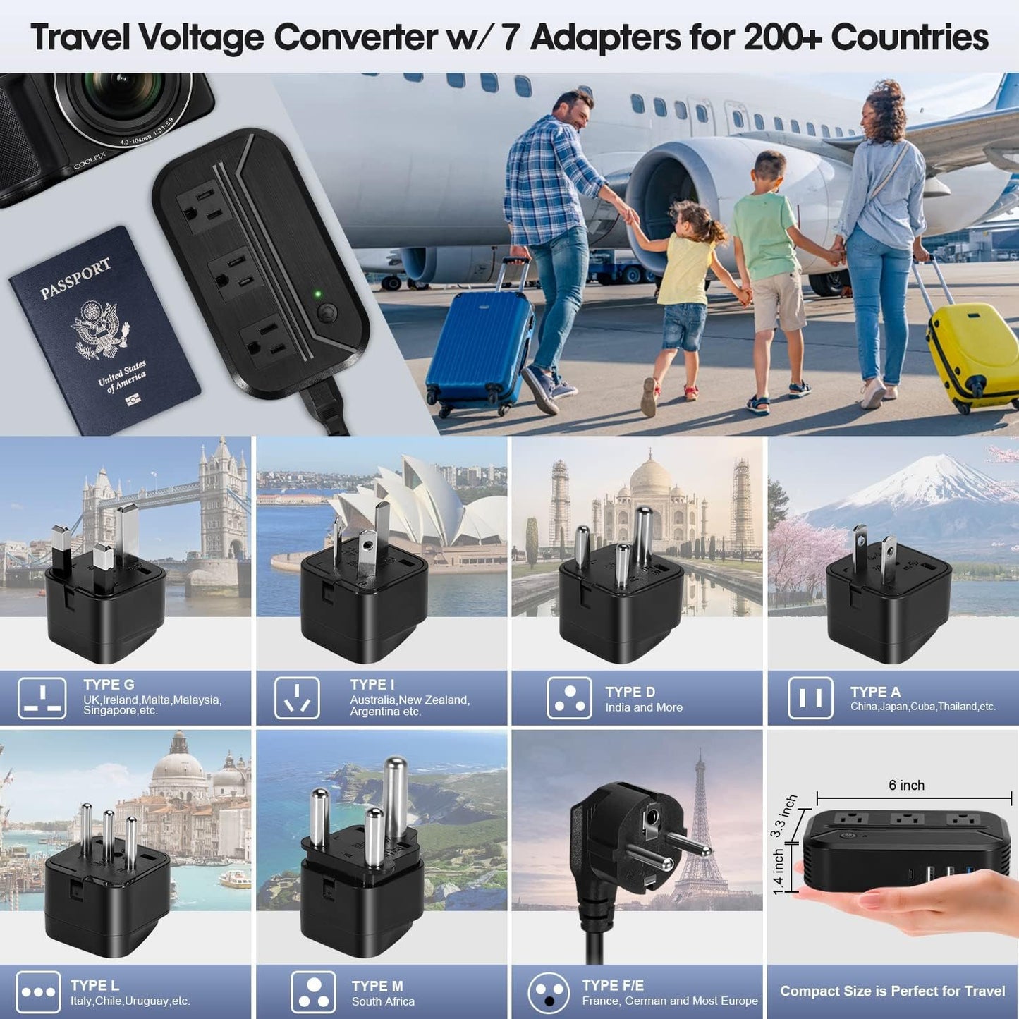 Power Converter 2300W International Step Down Voltage 220V/240V to 110V/120V w/ 4 USB 3 AC Outlets 7 Travel Plug Adapter EU/US/AU/IT/UK/IN/S. Africa for Phone Tablet Camera Laptop and More Electronics