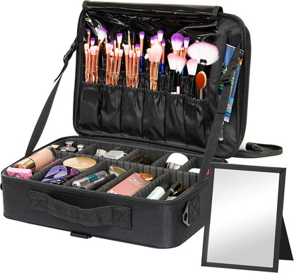 makeup Train Case, GreenLife® Large 16" Professional makeup Train Case Cosmetic bag Travel Make up artist Organizer Waterproof Portable Storage with Adjustable Dividers Accessories Brushes Pouch Black