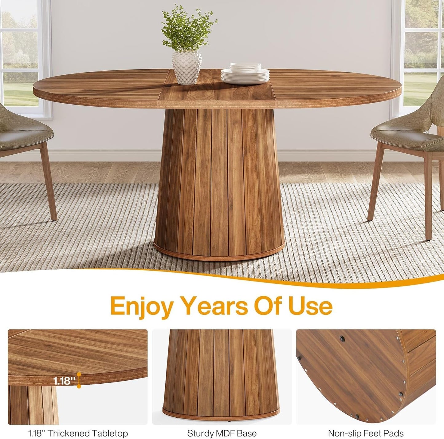 Tribesigns Oval Dining Table for 6 People, 55.11-Inch Farmhouse Kitchen Dinner Table with Cylindrical Pedestal (Brown)