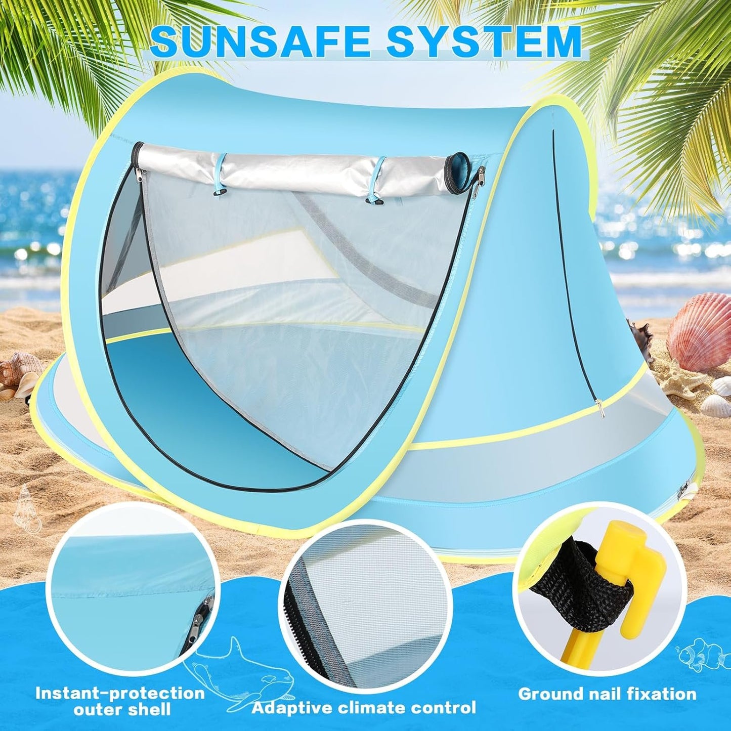 Wilhiker Baby Beach Tent Pop Up: Blue Pop Up Tent with Sun Hat - Kids Sun Tent Portable Uv Protection Tent Baby - Beach Tent for Outdoor Travel Folding Toddler Camping Accessories Sun Shade