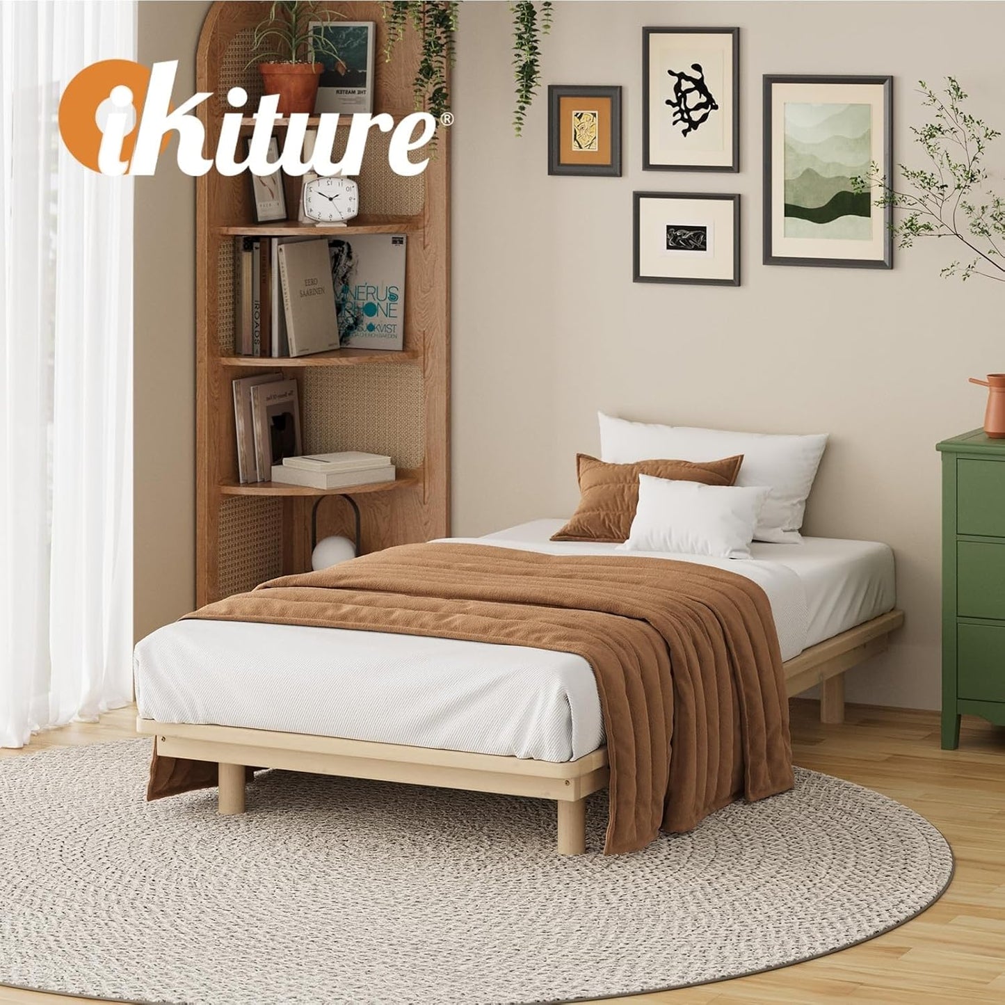 OIKITURE Wooden Platform Bed Frame 9 Sturdy Legs - Bed Base Plaform with Slat Support, Easy Assemble, 150KG Weight Capacity, 190x91x23CM