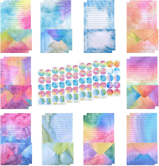 Tanstic 200Pcs(50 Sets) 5.5 x 8.25 Inch Stationery Paper Set Watercolor Stationary Paper and Envelopes Mini Stationery Paper with Round Dot Sticker for Invitations, Letters