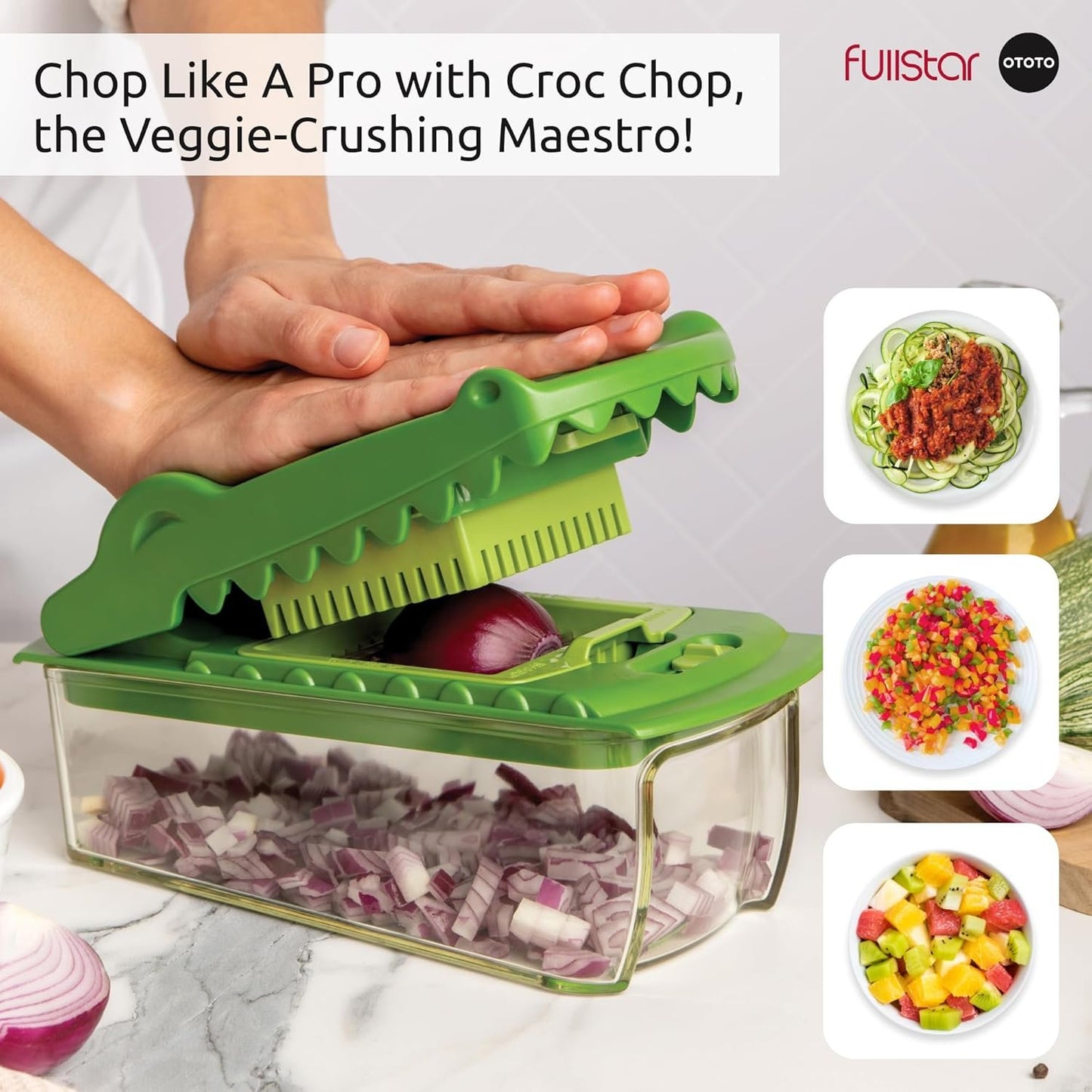 New! Croc Chop Fullstar x OTOTO Vegetable Chopper Vegetable Cutter - Veggie Onion Food Chopper Manual - Potato Chipper - Veg Chopper and Dicer - Kitchen Tools & Gadgets (4-in-1)