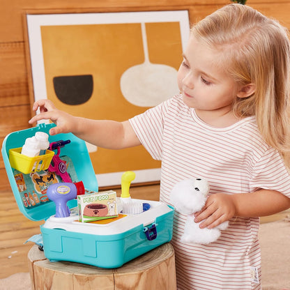 HERSITY Vet Toy Pet Care Kit Role Play Set Grooming Feeding Dog Animal Games Backpack Educational Toy for Kids 3 4 5 Years Old Girls Boys