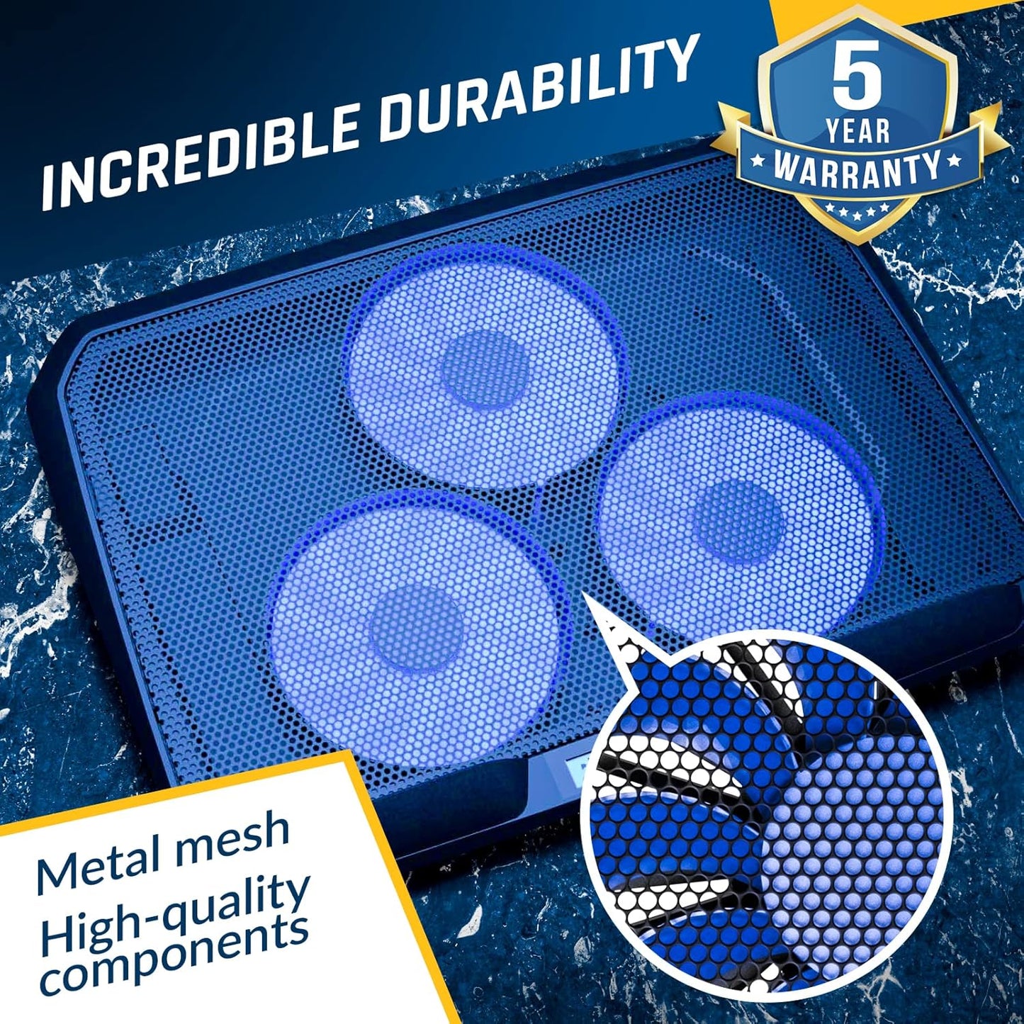 KLIM KN02 Laptop Cooling Pad for 11-17.3 inch laptops - Comfy Cushioned Wristrests - Powerful Laptop Cooling Fan 1500 RPM - Silent Laptop Cooler with Metal Mesh and 5-Year Assurance - New
