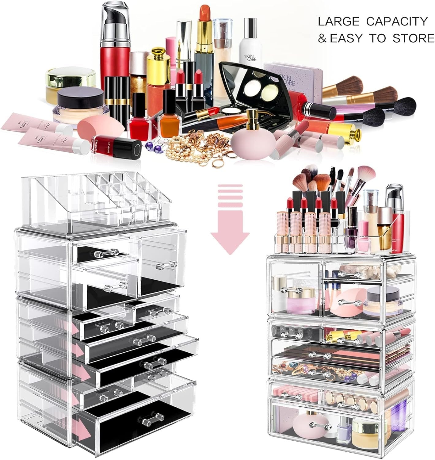 DILIBRA Acrylic Makeup Organizer, Stackable Clear Cosmetic Display Case with 10 Drawers, Large Skin Care Storage Organizer Display Box for Jewelry Hair Accessories Vanity Bathroom Counter Dresser