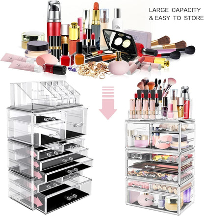 DILIBRA Acrylic Makeup Organizer, Stackable Clear Cosmetic Display Case with 10 Drawers, Large Skin Care Storage Organizer Display Box for Jewelry Hair Accessories Vanity Bathroom Counter Dresser