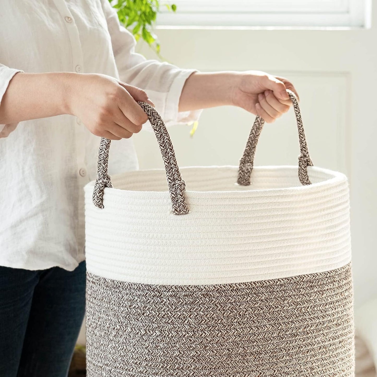 INDRESSME Extra Large Laundry Basket,Woven Laundry Hamper with Handles,Baskets Storage Organization for Blanket Home Décor,Tall Rope Storage Basket for Towels, Pillows,16 x 20 inches