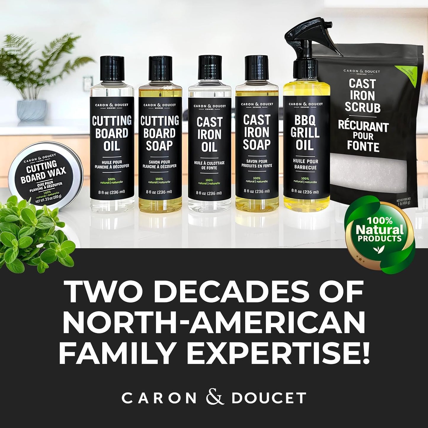 CARON & DOUCET – New Ultimate Cast Iron Set: Seasoning Oil, Cleaning Soap & Restoring Scrub | 100% Plant-Based & Best for Cleaning Care, Washing, Restoring & Seasoning Skillets, Pans & Grills!