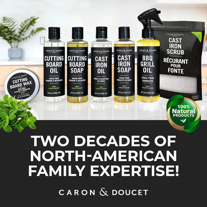 CARON & DOUCET – New Ultimate Cast Iron Set: Seasoning Oil, Cleaning Soap & Restoring Scrub | 100% Plant-Based & Best for Cleaning Care, Washing, Restoring & Seasoning Skillets, Pans & Grills!