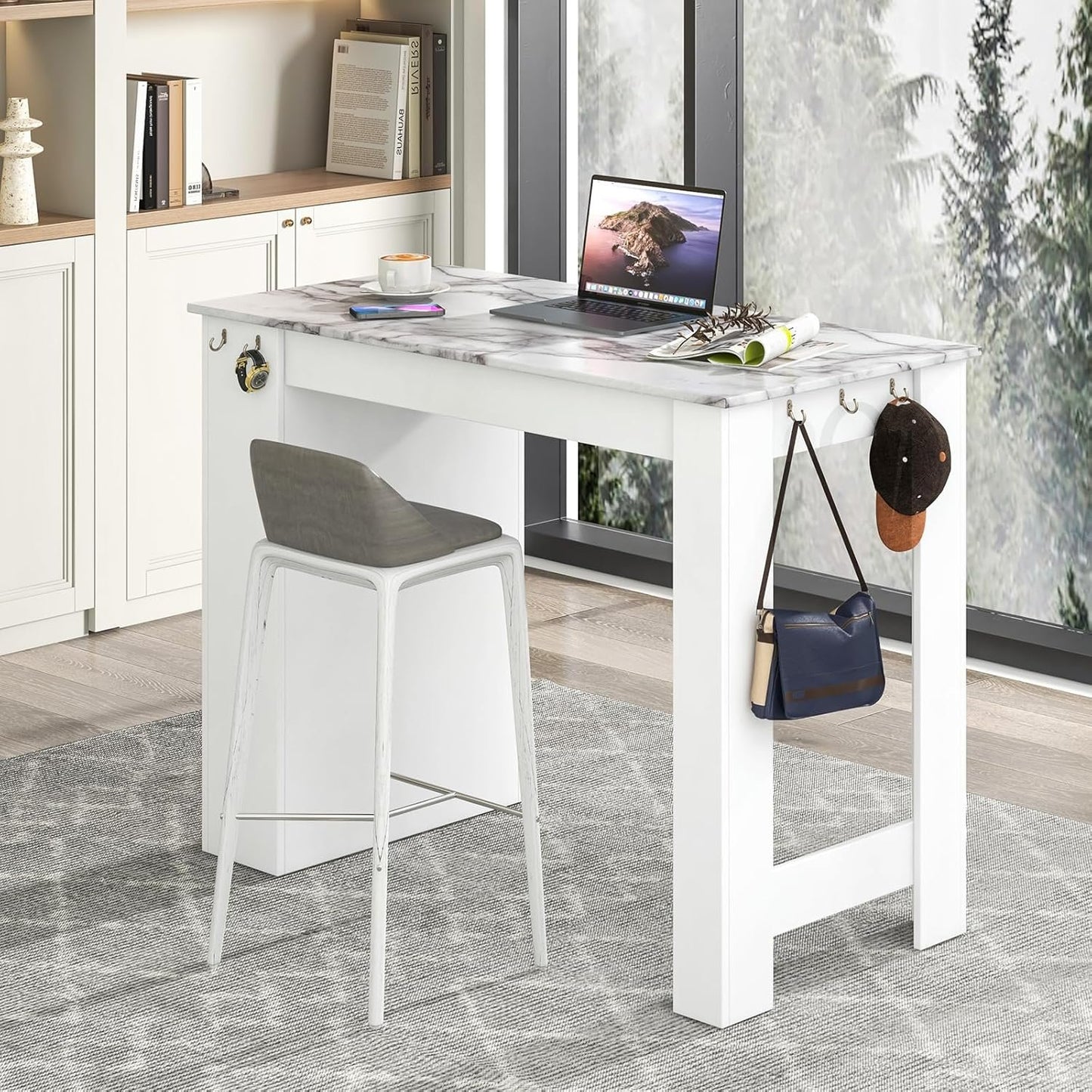 Giantex Bar Table, 47” Counter Height Dining Table with 7 Hanging Hooks, Compartment, Cabinet & Adjustable Shelf, High Top Table, Faux Marble Pub Table for Kitchen Breakfast Nook Small Space, White