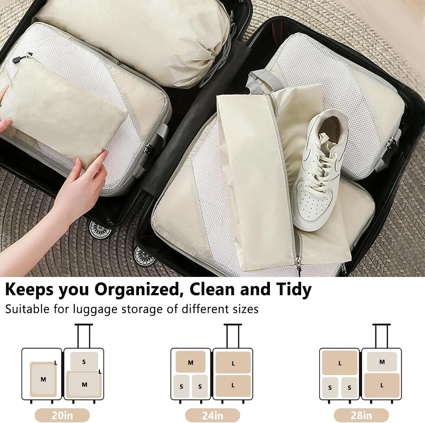 POWZOO 8 Pieces Organizer Suitcase Set, Packing Cubes Travel Organizer, Space-Saving, Travel Organizer, for Clothes, Shoes, Cosmetics Storage, Set of Organizer for Suitcases (Beige)