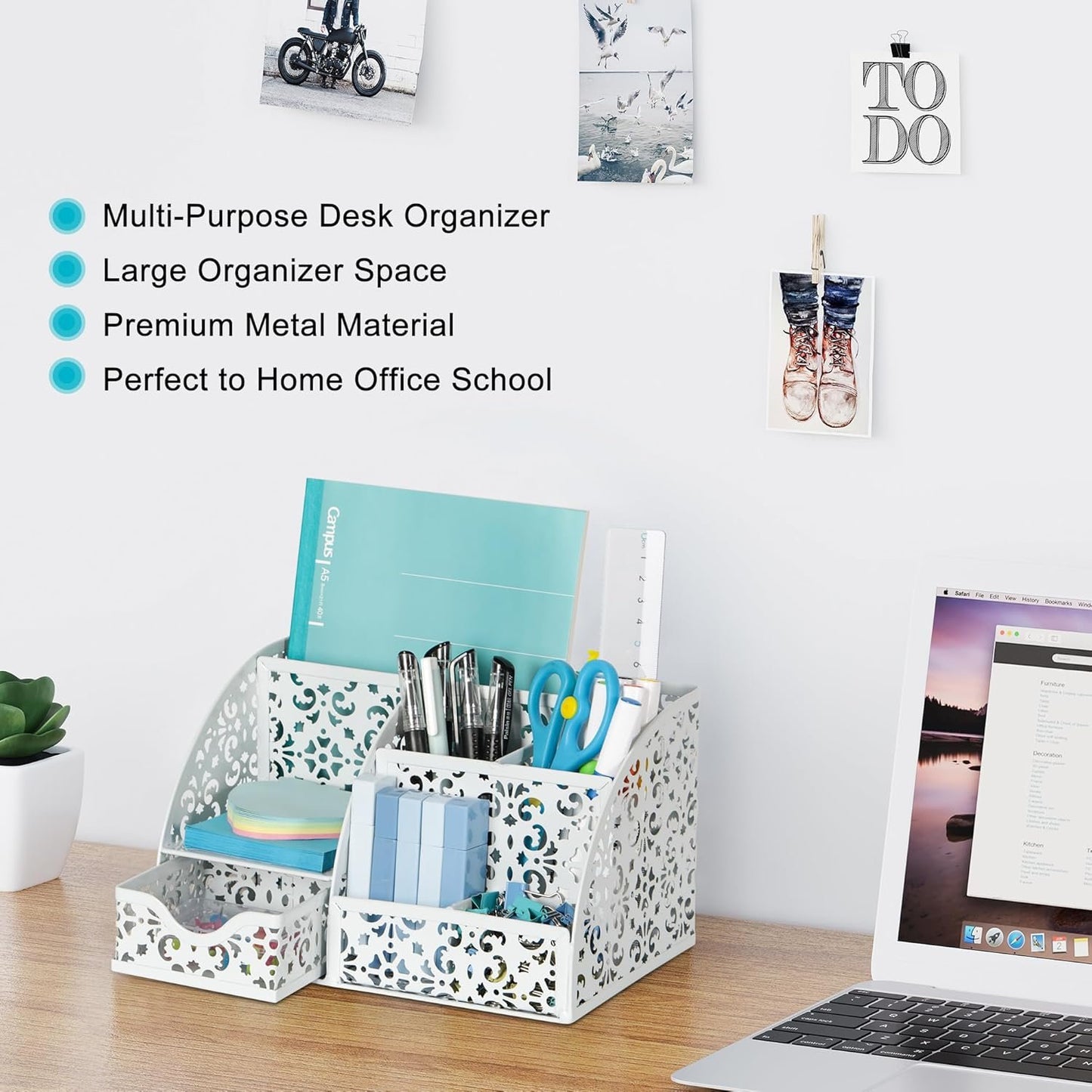 EasyPAG Desk Organizers with Drawer Office Desk Accessories Pen Holder Metal Desk Organizer with 5 Compartments 1 Drawer for Office Supplies,White