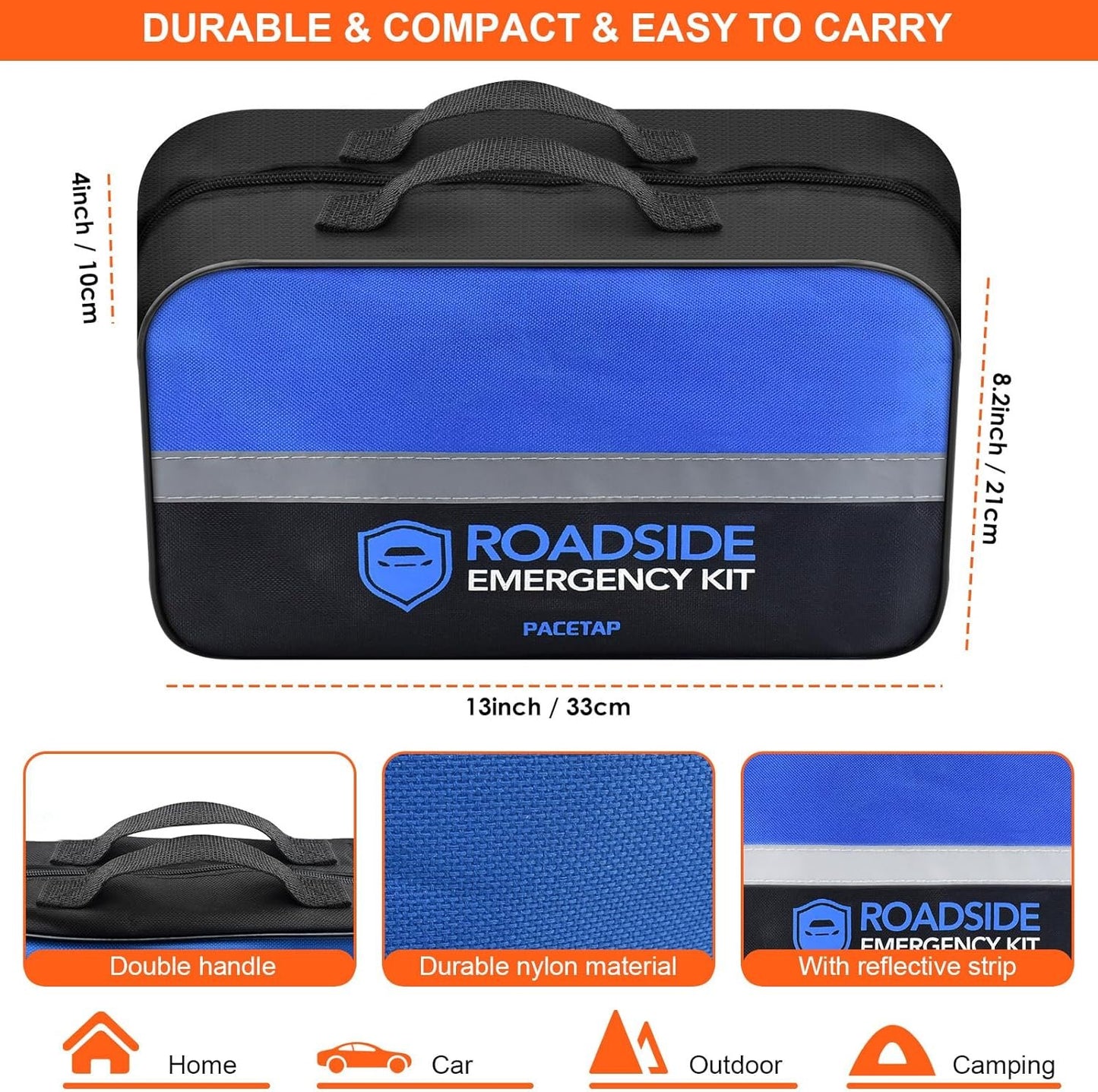 PACETAP Car Roadside Emergency Kit, Essential Auto Safety Road Side Assistance Tool Kit with Jumper Cables, Rain Coat, Tow Strap, Triangle and More Winter Vehicle Accessories