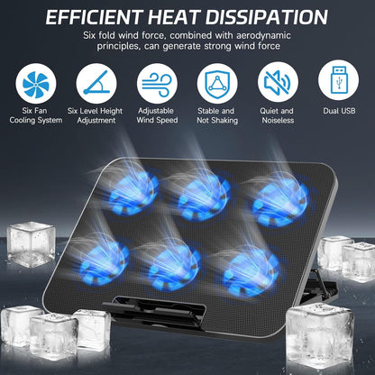 Naxifly Laptop Cooling Pad,Laptop Cooler with 6 Quiet Fans,6 Height ＆ 2000-2400 Wind Speed Adjustable,2 USB Port Gaming Cooling Stand for 12-18 Inch Notebook,Gaming Fan Stable Stand(Black)