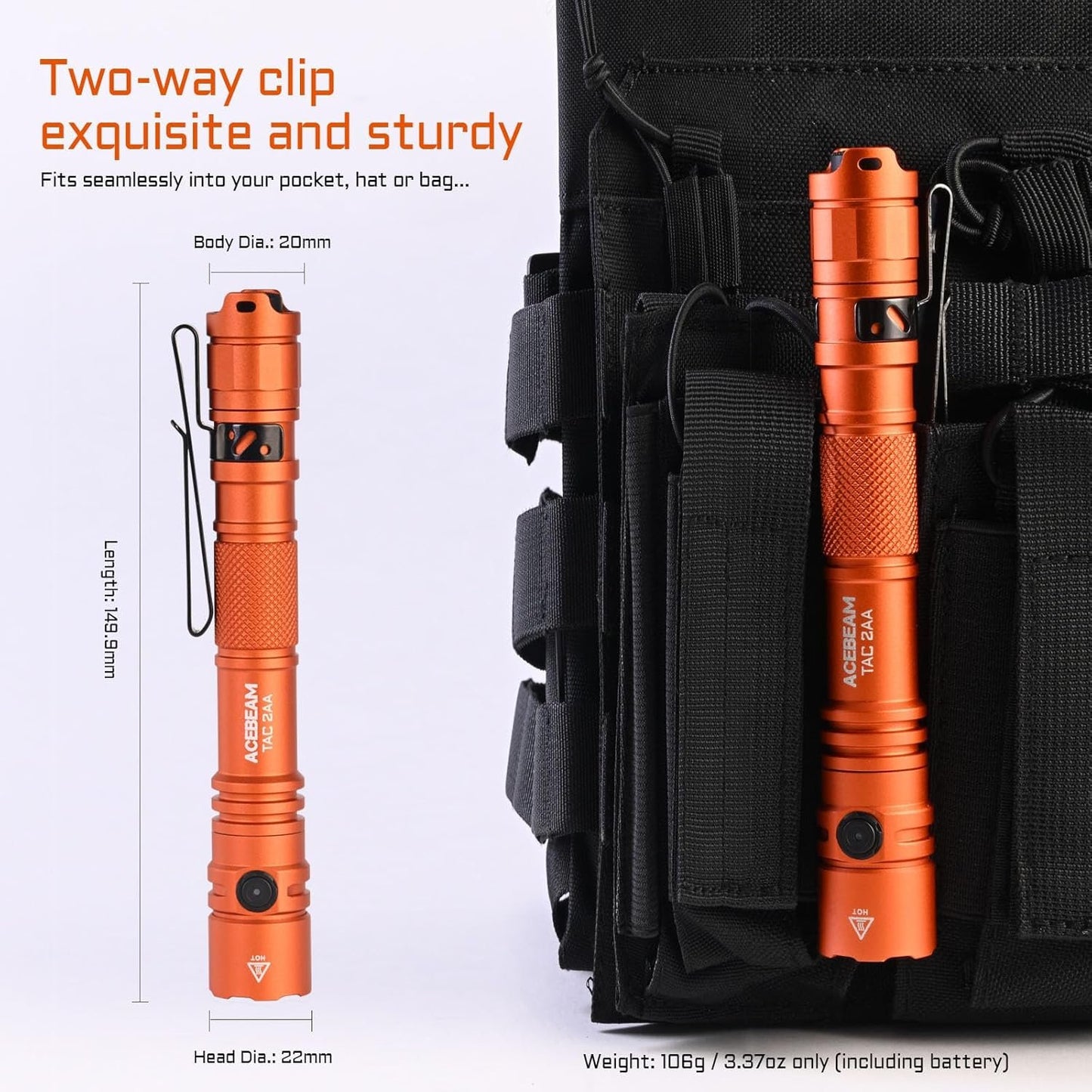 ACEBEAM TAC 2AA EDC Tactical Dual Modes Flashlight Rechargeable, 1600 High Lumens, Dual Switch Pocket LED Flashlight, Super Bright Small Flash Light for Emergency, Camping, Home