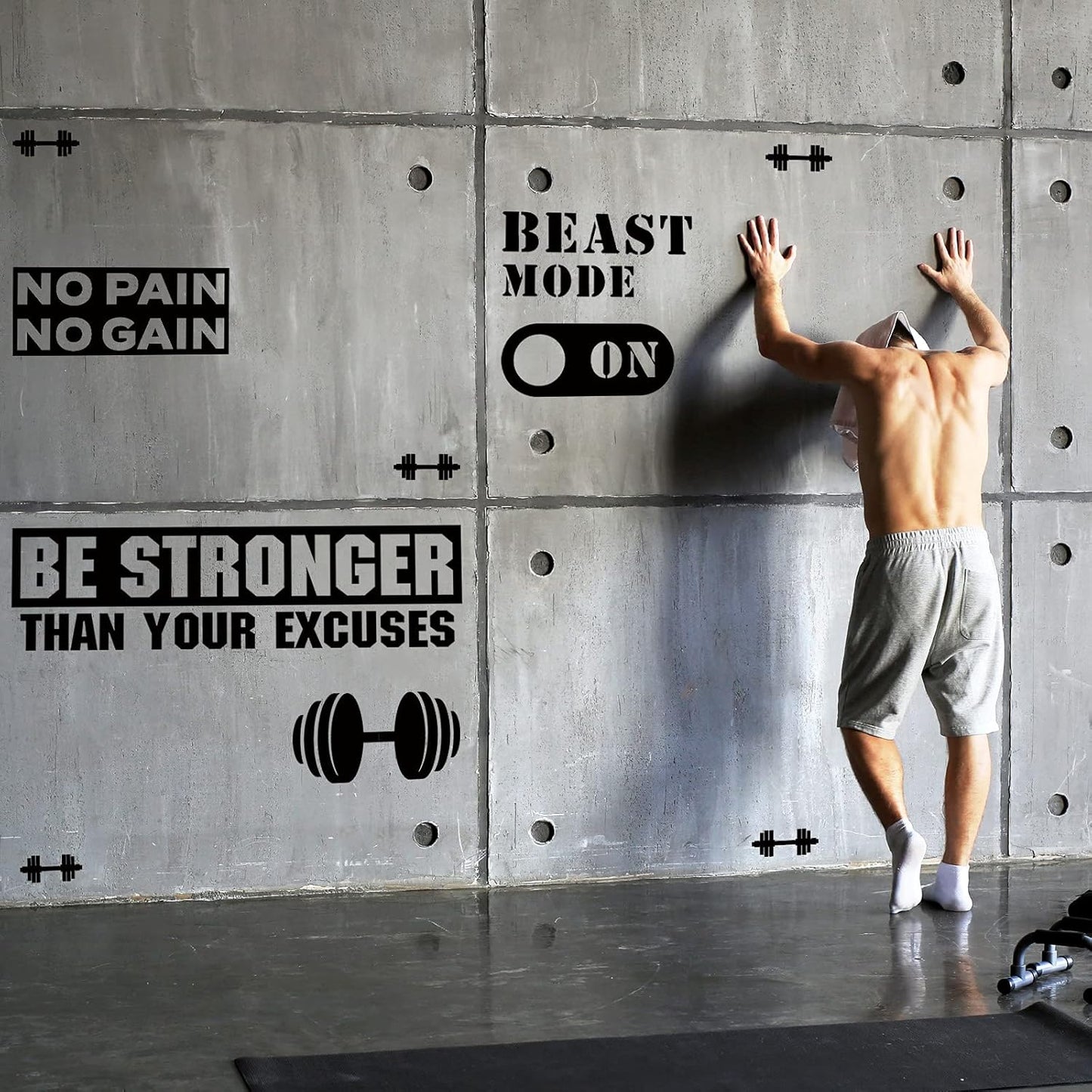 Zonon 3 Pieces Gym Wall Decal, Be Stronger Than Your Excuses, No Pain No Gain Beast Mode Inspirational Quotes Vinyl Wall Art Fitness Exercise Wall Sticker for Gym Office Home Decor