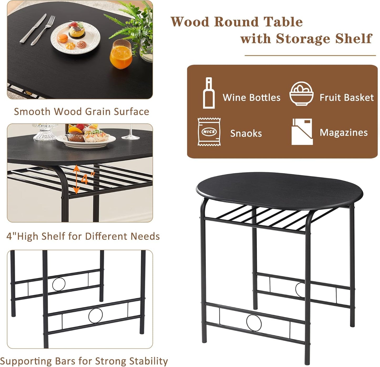 VECELO 3-Piece Dining Table Set for Kitchen Breakfast Nook, Wood Grain Oval Tabletop and Metal Frame with Built-in Wine Rack, for Small Spaces, Black