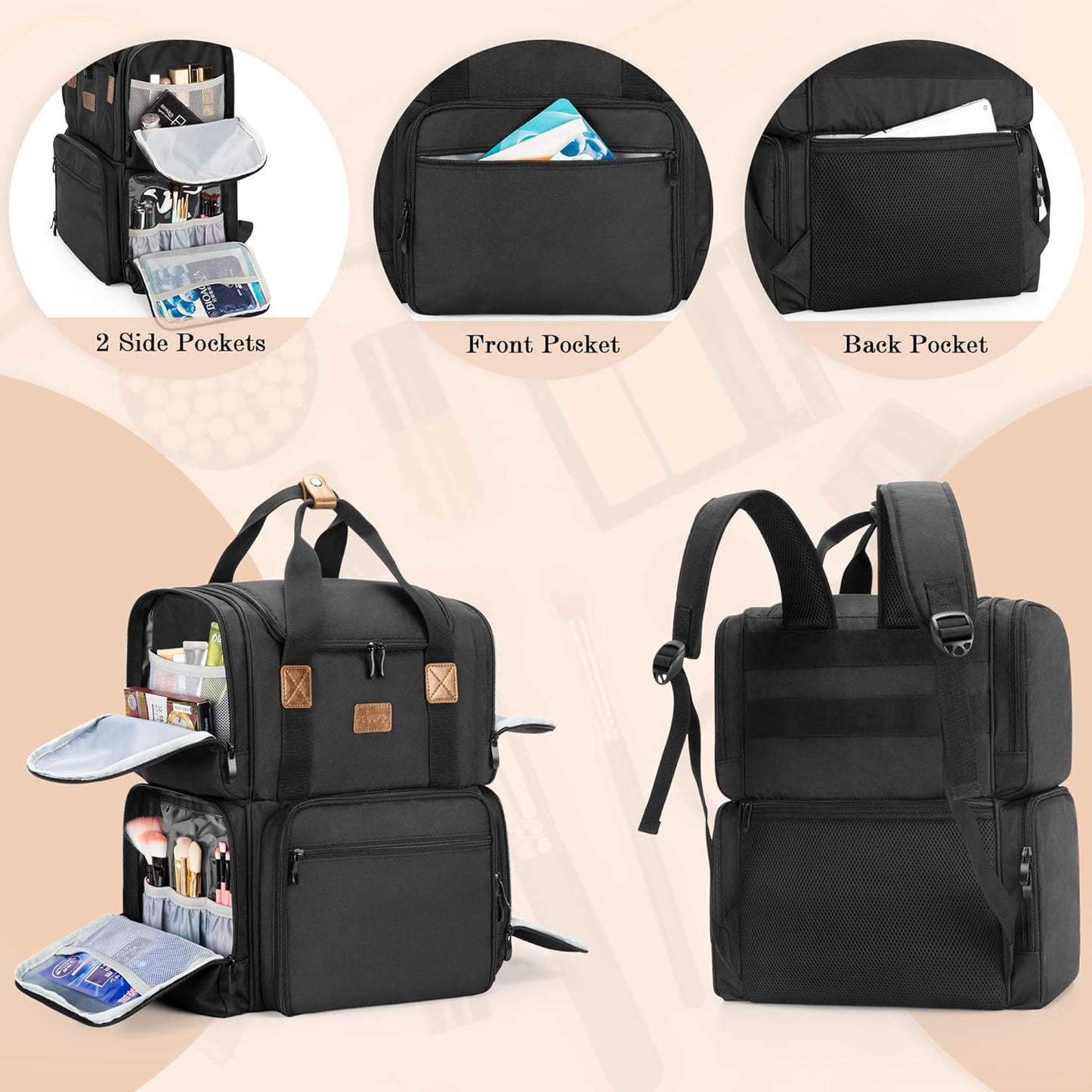 BAFASO Cosmetic Bag Backpack with 3 Removable Inner Pockets, Travel Makeup Bag with Multiple Pockets, Black