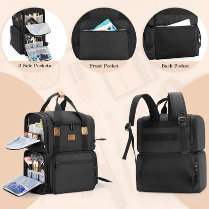 BAFASO Cosmetic Bag Backpack with 3 Removable Inner Pockets, Travel Makeup Bag with Multiple Pockets, Black