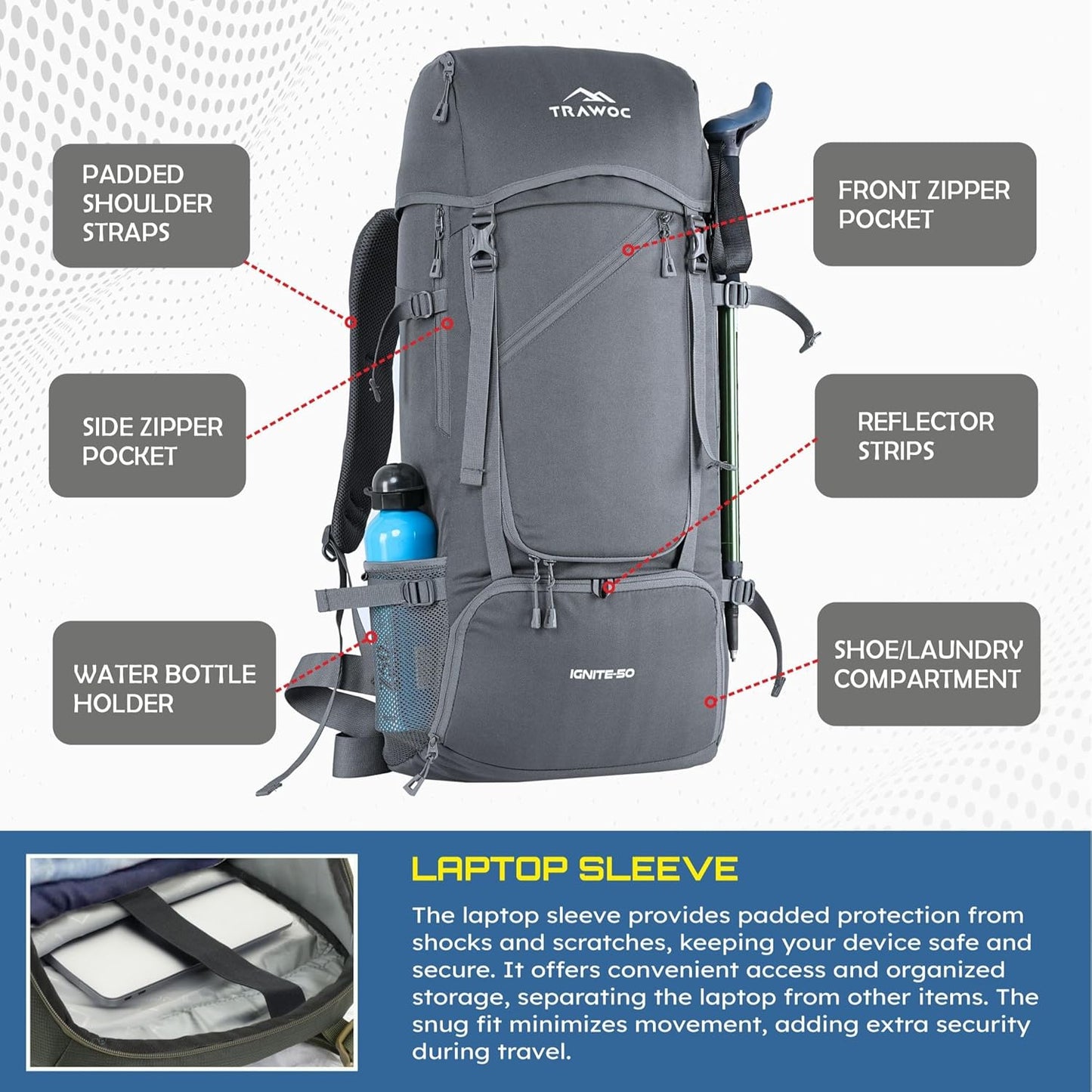TRAWOC IGNITE 50 L Travel Bag Front & Top Open Backpack for Hiking Trekking Camping, Rucksack for Men & Women with Rain Cover and Shoe Compartment