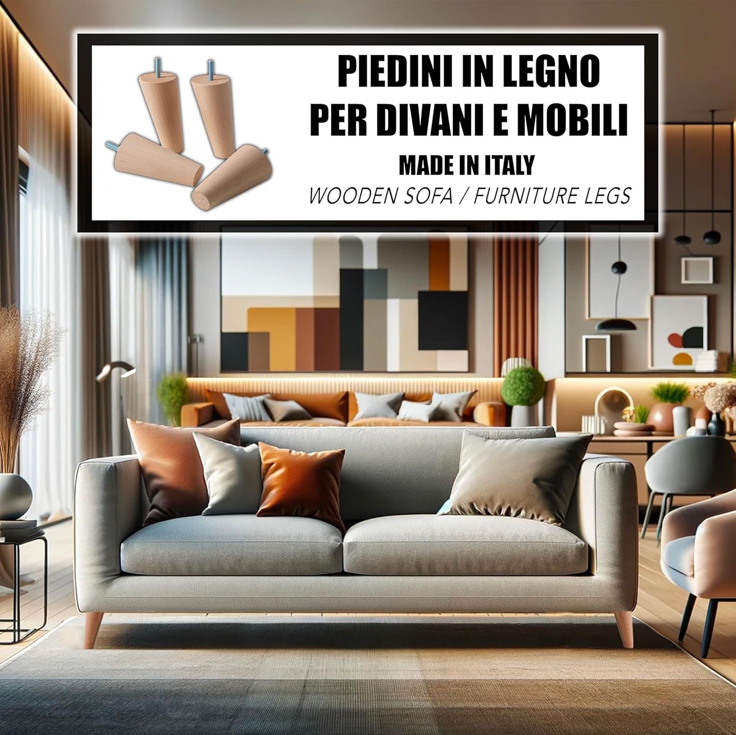 IPEA Furniture and Sofa Feet Height 12 cm Made in Italy - Slanted with Cone Shape - Screw M10 - Set of 4 Legs for Wardrobes, Armchairs, Beds - Beech Wood Feet - Light Colour
